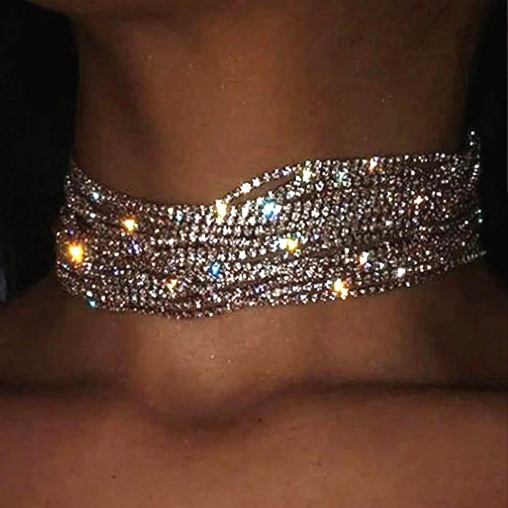 Silver Rhinestone Clear White Multi-Strand Choker Necklace Sparkling Statement